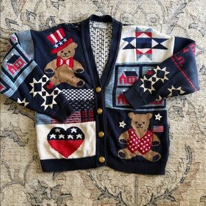 Vintage Americana cotton cardigan featuring a patriotic patchwork design